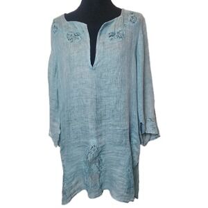 Florabella Linen‎ Tunic L Robin Egg Blue Lace Trim Coastal Chic Beach Resort Top